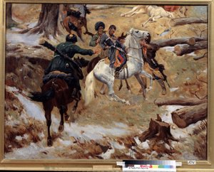 Generalkommandant Nikolai Sleptsovs (1815-1851) død dræbt af tjetjenere i kamp den 10. december 1851 under Kaukasuskrigen (erobringen af ​​Kaukasus) i Tjetjenien. (Generalmajor Nikolay Sleptsovs død under et slagsmål i Tjetjenien den af Franz Roubaud
