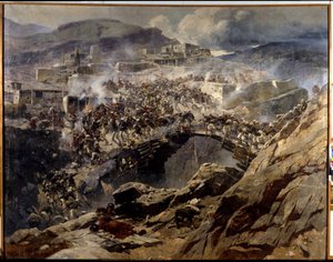 The Siege of Akhoulgo (The Siege of Akhoulgo): I 1839 blev Shamil (Imam Shamil, Shamil) (1797-1871) og hans muslimske støtter fra Kaukasus belejret i deres bjergfort, før de blev massakreret af den russiske hær - Maleri af Franz Roubaud (1856-19 af Franz Roubaud