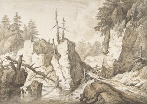 Schweizisk bjerglandskab med lille bro over en bæk, 1751-81. af Franz Schutz