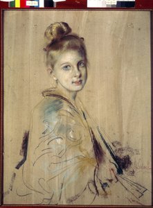 Ung pige med en fan (Girl With A Fan). Værk af Franz von Lenbach (1836-1904), pastel på pap, ca. 1880. Tysk kunst fra 1800-tallet. State Hermitage, Sankt Petersborg. af Franz Seraph von Lenbach