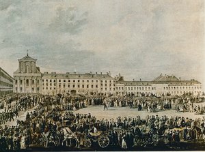 Ludwig van Beethovens begravelsesoptog i 1827 fra Schwarzspanierhaus til den hellige treenighedskirke i Alsergasse, Wien (akvarel) af Franz Stober