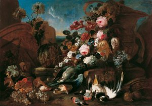 Stilleben med blomster, døde fugle og ruiner