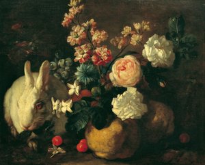 Stilleben med kaniner, blomster og frugter