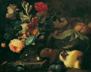 Stilleben med marsvin, blomster og frugter