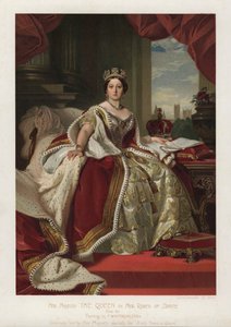 Dronning Victoria i hendes statskåbe (farve litho)