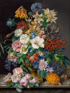 Blomsterstykke med ananas, vindruer og papegøje af Franz Xaver Petter