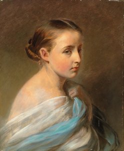 Portræt af en pige, hoved og skuldre, draperet i en blå og hvid svøb, ca. 1850 af Franz Xaver Winterhalter