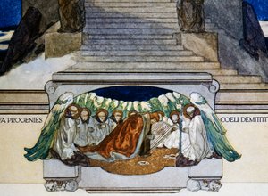 Og nyt afkom stiger ned fra himlen, skærsilden, canto XXII, guddommelig komedie af Dante Alighieri, illustration af Franz von Bayros (1866-1924), Wien