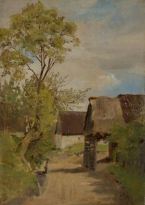 Landsbygade i Aresing (?) med kvindeskikkelse af Franz von Lenbach