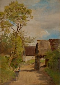 Landsbygade i Aresing (?) med en kvindelig figur af Franz von Lenbach