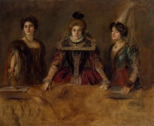 Gruppebillede: Tre damer i kostumer (frøken Heuberger, fru Obermayer og fru Putz) af Franz von Lenbach