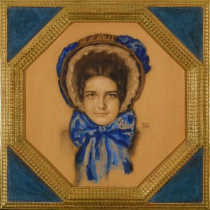 Marie avec un chapeau (type capot) - Datter Mary med en Poke-hjelm - Franz-Ritter (Franz Ritter) von Stuck (1863-1928). Gouache, pastel og kul på karton Mål: 55x49,3 cm Privat samling af Franz von Stuck