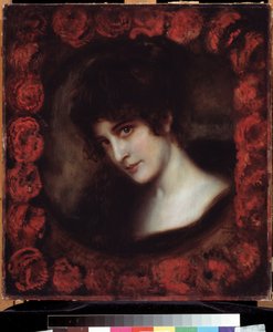 ""Portrait of a Woman"" (Portrait of a Woman) Ung mørkhåret kvinde med et ansigt indrammet af roser. Maleri af Franz Ritter von Stuck (1863-1928) Pushkin-museet i begyndelsen af ​​det 20. århundrede, Moskva af Franz von Stuck