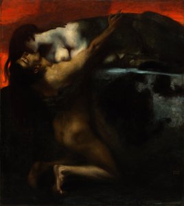 The Kiss of the Sphinx - Peinture af Franz Ritter von Stuck (1863-1928) - 1895 - Olie på lærred - 160x144,8 - Szepmuveszeti Muzeum, Budapest af Franz von Stuck