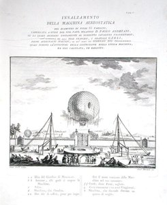 Første bemandede luftballonflyvning i Italien lavet af Paolo Andreani (1763-1823) 1784, indgraveret af Girolamo Mantelli, udgivet 1785 (gravering) (se også 206819) af Fratelli Gerli (after)