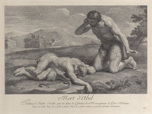 Adam knæler i sorg ved siden af Abels krop, mens Kain flygter i baggrunden, ca. ..., ca. 1729. af Frédéric Horthemels