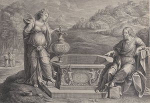 Kristus, der sidder til højre, og kvinden fra Samaria, som står til venstre, ca. 1729. af Frédéric Horthemels