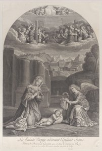 Jomfru Maria, der tilbeder Kristusbarnet, en engel, der holder en tornekrone til højre,..., ca. 1729. af Frédéric Horthemels