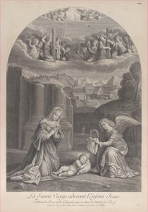 Jomfru Maria, der tilbeder Kristusbarnet, en engel, der holder en tornekrone til højre,..., ca. 1729. af Frédéric Horthemels