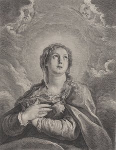Jomfruen, foldede hænder på brystet, ser opad, 1729-40. af Frédéric Horthemels
