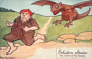 Forhistoriske studier - sæsonens fangst (farvelitografi) af Fred Buchanan