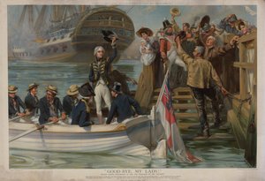 Nelson forlader Portsmouth for at sejle til Trafalgar on the Victory (chromolitho)