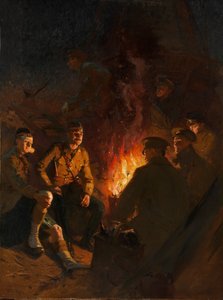 Et sted ved fronten, soldater omkring et lejrbål om natten, vestfronten