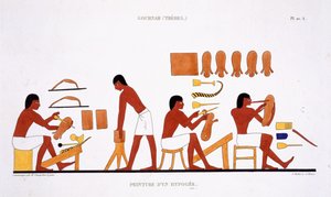 Læderarbejdere fra en sjælden optegnelse over kalkmalerier fra Theben, optaget 1819-1822 på sit andet besøg i Egypten af Frederic Cailliaud (1787-1869), farve litho af Frederic (after) Cailliaud
