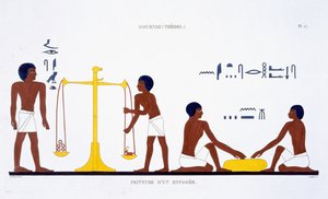 Dødsritualer (emne uklart), fra en sjælden optegnelse af fresker fra Theben, optaget 1819-1822 på sit andet besøg i Egypten af Frederic Cailliaud (1787-1869) (farve litho) af Frederic (after) Cailliaud