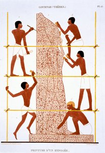 Stenhuggere laver kolossal statue af faraoen, fra en sjælden optegnelse af fresker fra Theben, optaget 1819-1822 på sit andet besøg i Egypten af Frederic (after) Cailliaud