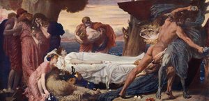 Hercules kæmper med døden om Alcestis lig (farve litho)
