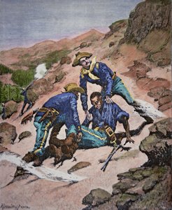 Redningen af korporal Scott under Geronimo-kampagnen i 1886 (farvegravering)