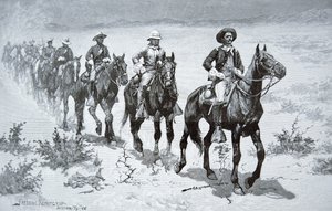 Amerikanske "Buffalo Soldiers" marcherer i ørkenen, efter en tegning fra 1888 (stik)
