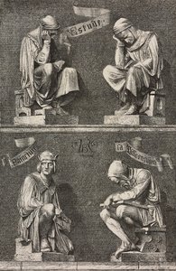 Tutkimuksen allegoria, koristeelliset hahmot Martin Schongauerin patsaan juurella, jonka Auguste Bartholdi (1834-1904) on luonut Unterlindenin luostarille Colmarissa Ranskassa af Frederic Auguste Bartholdi