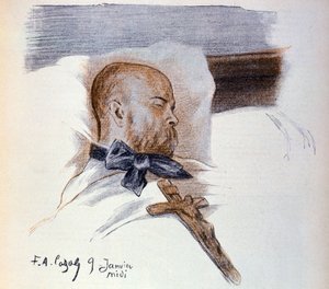 Den franske digter Paul Verlaine (1844-1896) på sit dødsleje (tegning)
