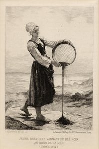 En ung bretonsk vindende boghvede ved havet, indgraveret af Cadart i 1874 (tryk)