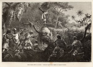 Abd es Samate, ven og løjtnant af Mounza, konge af Mombuttous, udfordrer sine fjender Zandes (eller niam niam), der erklærede dem krig, gravering efter tegningen af Laguillermie, der illustrerer en rejse til hjertet af Afrika, i 1868- 1871, af