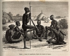 Dinkaer fra landsbyen Koudj (Senegal), hvis krop dækket med aske, for at beskytte dem mod insekter og parasitter er også et kosmetisk og socialt træk, indgraveret efter Laguillermies tegning, der illustrerer rejsen til Afrikas hjerte i 1868-1871