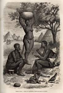 Typer og aktiviteter af kvindelige Bongoer (Central Sudan), med deres metaludsmykning, klokker og hæfteklammer, som de sætter på deres ører og læber, gravering efter tegningen af Laguillermie, der illustrerer rejsen til Afrikas hjerte i 1868-1871, af Dr. G