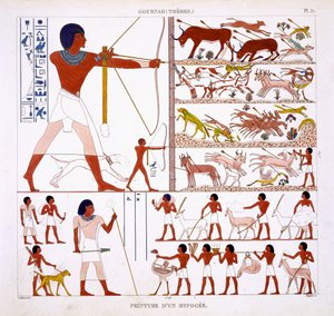 Jagtscener, fra en sjælden optegnelse af fresker fra Theben, optaget 1819-1822 på sit andet besøg i Egypten af Frederic Cailliaud (1787-1869), farve litho