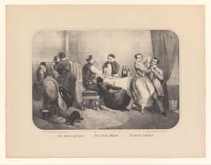 Gruppe af mænd og kvinder i et interiør Les maris garçons / Die freien Männer / Bachelor hubants (titel på objekt) af Frederic Charles Wentzel (possibly)