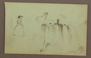 En gående pige, en krøbende kylling og de amerikanske vandfald ved Niagara-floden af Frederic Edwin Church