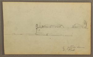 Tegning, et fort; bagside: Botaniske skitser, hus, 1857 af Frederic Edwin Church