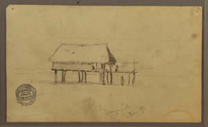Tegning, En hytte på pæle, Guayaquil, Ecuador, maj 1857 af Frederic Edwin Church
