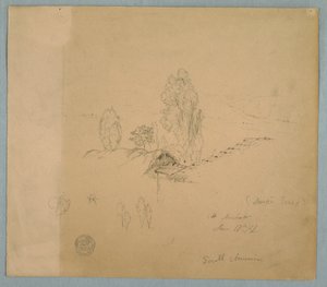 Tegning, Et stråtag og et tegltag med trætoppe i et bjerglandskab nær Chimborazo, Ambato, Ecuador, 17. juni 1857 af Frederic Edwin Church