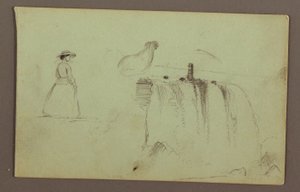 Tegning, En gående pige, en hukende kylling og de amerikanske vandfald på Niagara-floden, muligvis 1856 af Frederic Edwin Church