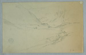 Tegning, Andisk bjergdal med snoet vandløb, Colombia eller Ecuador, 1857 af Frederic Edwin Church
