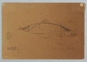 Tegning, Bambusbro ved Buga, Colombia og pige med krukke, Cartago, Colombia, juli 1853 af Frederic Edwin Church