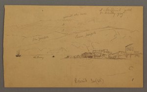 Tegning, bugt med huse og bjerge bagved, januar 1868 af Frederic Edwin Church