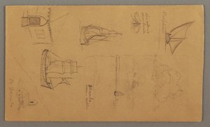 Tegning, bådstudier, skystudie, to bygninger, muligvis 1868 af Frederic Edwin Church